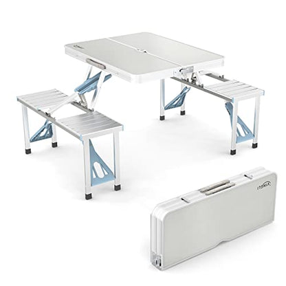 VINGLI 4Ft Folding Camping Picnic Table with Seats/Umbrella Hole-265 Lbs Support that Lightweight and Fold Up Card Suitcase Table Aluminum Alloy Frame, RV Tabletop with Soft Handl - color: White