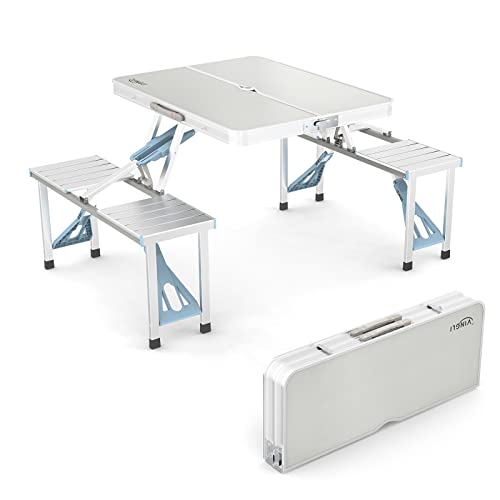 VINGLI 4Ft Folding Camping Picnic Table with Seats/Umbrella Hole-265 Lbs Support that Lightweight and Fold Up Card Suitcase Table Aluminum Alloy Frame, RV Tabletop with Soft Handl - color: White