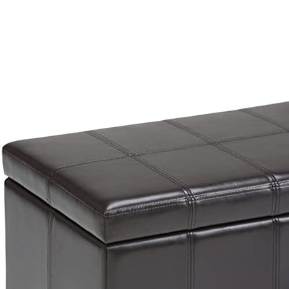 SIMPLIHOME Amelia Storage Ottoman - 33 inch Wide Vegan Leather Rectangle Storage Ottoman Bench in Tanners Brown, Transitional Ottoman for Living Room with Nailhead Trim and Lift-Up Lid - color: Tanners Brown