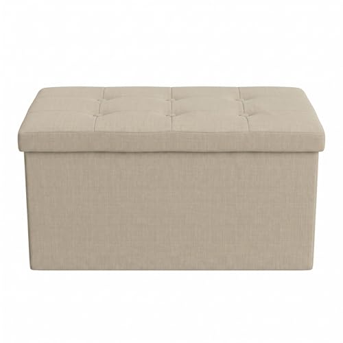 HOME DESIGN Florence 30" Upholstered Folding Storage Bench, Tufted Top, Space-Saving Storage, Beige Linen Fabric - color: Beige Linen