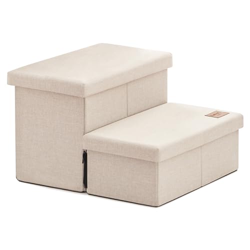 Love's cabin Dog Stairs with Storage 13" H, Foldable Pet Stairs for Small Medium or Large Dogs, Cat Puppy Steps Ramp with Zip up to 150 lbs, Beige, 2 Steps - color: Beige, size: 19" X 17" X 13" H