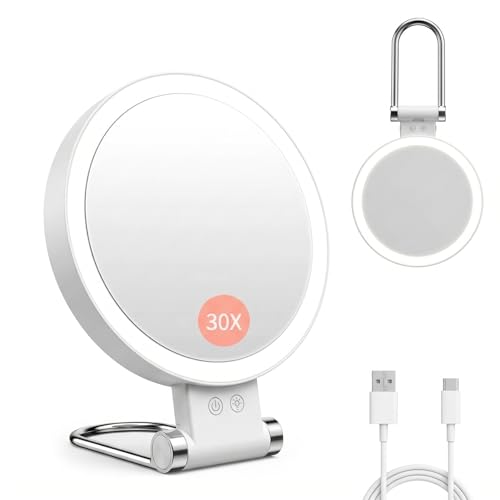 Makeup Mirror with Lights, Magnifying Mirror 1X/30X with Adjustable 3 Color Light, Double Side Control, 2000mAh Rechargeable, Lighted Makeup Mirror with Magnification, Smart Memory, Gift for Women - color: Off White