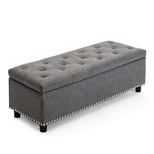 BELLEZE Storage Ottoman, Tufted Ottoman with Close Hinge, Foot Rest for Living Room (Rustic Gray, 47 inch) - color: Rustic Gray, size: 1