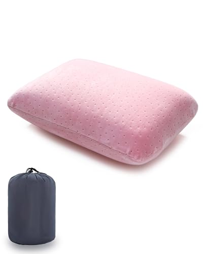 Travel Pillow Small Camping Pillow Memory Foam Bed Neck Soft Pillow Lightweight Easy to Carry Portable Home Pillow Removable Pillow Cover with Travel Storage Bag (Pink) - color: Pink