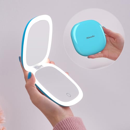 Mocado Compact LED Travel Makeup Mirror - 4 Inches 1X/10X Magnification Travel Mirror with Light Dimmable Double Sides Lighted USB Rechargeable Compact Mirror for Purse,Pocket,Travel(Blue) - color: Blue