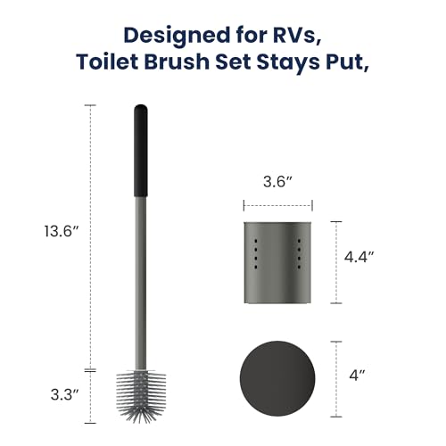 RV Toilet Brush and Holder Set- One-Piece Long Handle, Silicone Head, Magnetic Base- RV Bathroom Cleaning Kit, RV Essentials Accessories for Camper, Trailer, Motorhome