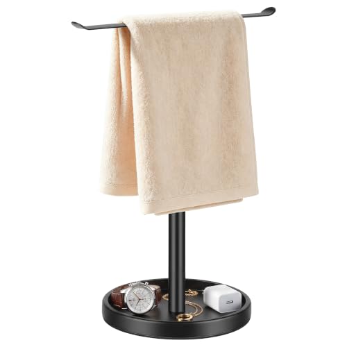 Stainless Steel Hand Towel Holder with Storage Tray for Bathroom Countertop | Weighted base with anti-slip pads keeps towels stable while the tray neatly stores jewelry, watches and essentials. - color: Black-1p（with Tray）