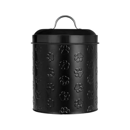 Amici Pet Puppy Paws Black Metal Canister with Embossed Paw Design - Large 140 oz Airtight Food Storage Jar for Wet or Dry Pet Foods - (8" H x 6" W) BPA Free Container for Organization - color: Black, size: 140 fl oz