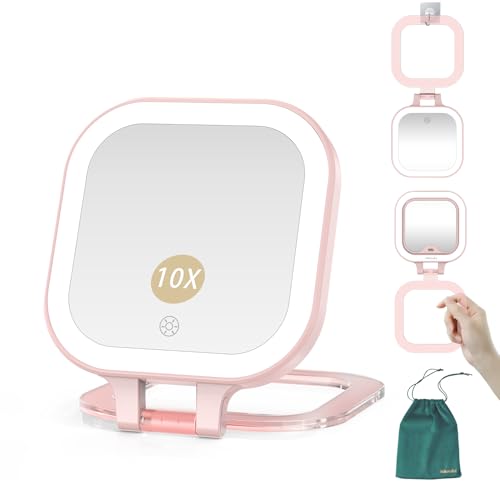 Mocado Compact Travel Makeup Mirror, 1X/10X Magnifying Mirror with Light, Double Sides Compact Mirror with 3 Color Light, Dimmable Handheld Mirror, Rechargeable Travel for Purse,Pocket(Pink) - color: A-10x Magnifying-pink