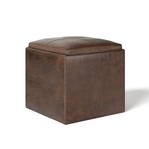 SIMPLIHOME Rockwood Cube Storage Ottoman with Tray - 17" Wide x 17" High Upholstered Vegan Leather Square Storage Ottoman in Distressed Brown, Contemporary Ottoman for Living Room with Serving Tray - color: Distressed Brown