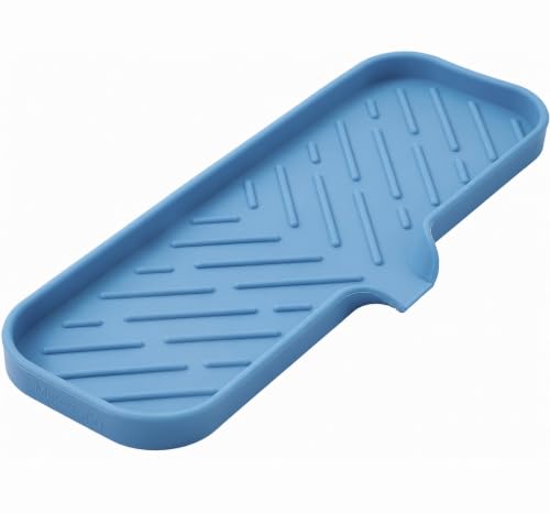 MicoYang Silicone Soap Dish with Drain Spout — Self-Draining Double Sink Organizer Tray for Kitchen & Bath, Dispensers, Sponges & Soap Holder, Non-Slip & Dishwasher Safe, Lichen Blue (Large, 12"×4") - color: Lichen Blue, size: L(12"×4")