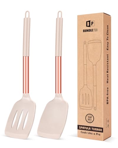 Pack of 2 Silicone Solid Turner, Non Stick Slotted Kitchen Spatulas, High Heat Resistant BPA Free Cooking Utensils, Ideal Cookware for Fish, Eggs, Pancakes(Rose Gold Khaki) - color: Rose Gold Khaki