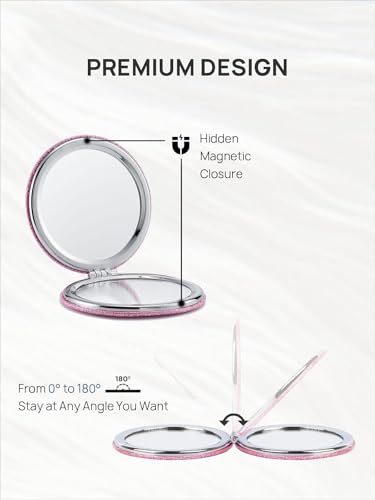 OMIRO 1X/10X Magnifying Compact Mirror with PU Leather, Ultra-Portable for Purses and Travel, Round Pink - color: Pink