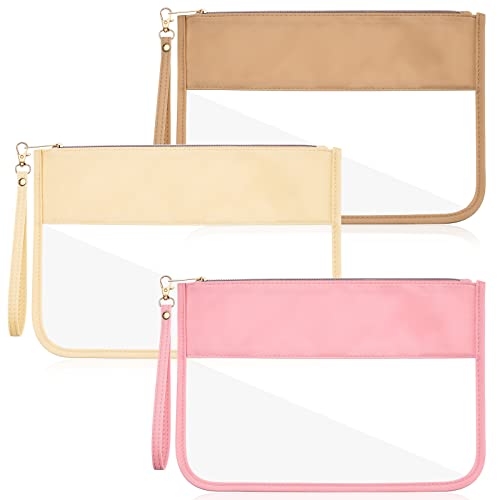 Sanwuta 3 Pcs Clear Flat Zipper Snack Pouches, Sunscreen Chenille Letter Makeup Bags, Portable Waterproof PVC Travel Cosmetic Clearly Tote Pouch Set for Beach Women Teacher Gift(Pink, Beige, Brown) - color: Pink, Beige, Brown