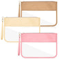 Sanwuta 3 Pcs Clear Flat Zipper Snack Pouches, Sunscreen Chenille Letter Makeup Bags, Portable Waterproof PVC Travel Cosmetic Clearly Tote Pouch Set for Beach Women Teacher Gift(Pink, Beige, Brown) - color: Pink, Beige, Brown