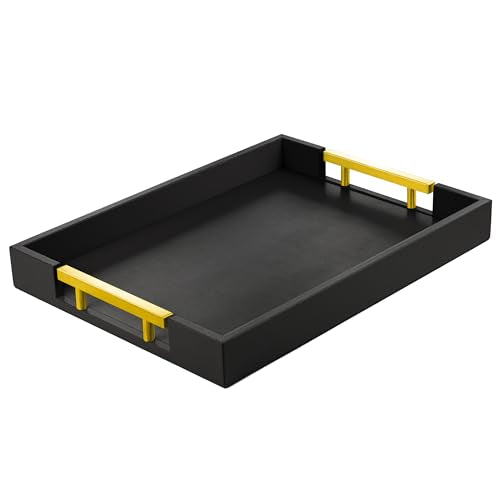 ATZYmolin Leather Serving Tray with Gold Polished Metal Handles, Home Decorative Wooden Rectangle Ottoman Decor Platter Bathroom Vanity Tray for All Occasions Black - color: Black With Glod Handle