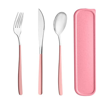 Travel Utensils with Case, 4pc Reusable Utensils Set with Case, Camping Utensil Set, Portable Silverware Lunch Utensils Set for Work Camping School (Pink) - color: Pink