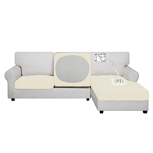 Easy-Going 100% Waterproof 3 Pieces Couch Cushion Covers for Sectional Sofa Left/Right L Shape Chaise Lounge Sofa Seat slipcover Anti-Slip Sofa Cover (2 Seater + 1 Chaise, Ivory - color: Ivory, size: 2 Seater + 1 Chaise