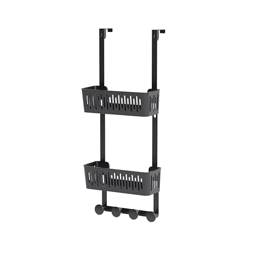 Zenna Home SnugFit Over the Door Caddy Organizer with 2 Storage Baskets and 4 Hooks, Over Door Hanging Organizer for Bathroom, Kitchen, Bedroom, Closet, Easy to Install, No Drilling, Black