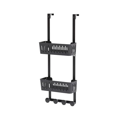 Zenna Home SnugFit Over the Door Caddy Organizer with 2 Storage Baskets and 4 Hooks, Over Door Hanging Organizer for Bathroom, Kitchen, Bedroom, Closet, Easy to Install, No Drilling, Black