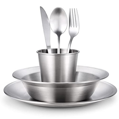 Odoland Stainless Steel Camping Mess Kit for Family & Person, Cooking Tableware Utensils with Plates Bowls Forks Spoons Knives & Savings Bag for Camping, Backpacking, Hiking, Picnic - style: 1 Person Set