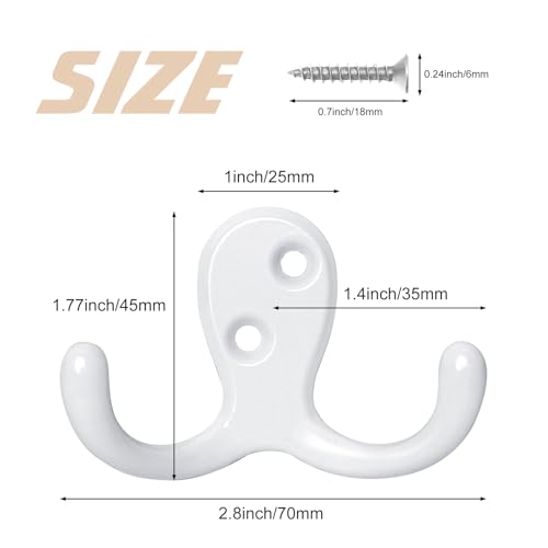 Homanu 24 Pack Coat Hooks, Heavy Duty Double Prong Coat Hooks Wall Mounted with 48 Screws, No Rust White Metal Wall Hooks for Hanging Towel, Coat, Bag, Hat, Cup, Key - color: 24 Pcs White
