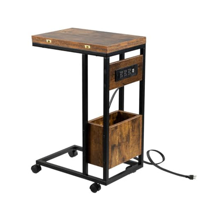 Hadulcet C Shaped End Table with Charging Station & Foldable Tabletop, Folding TV Tray Table with Storage, Laptop Table for Couch, C Table for Sofa, Living Room Bedroom Small Spaces, Rustic Brown