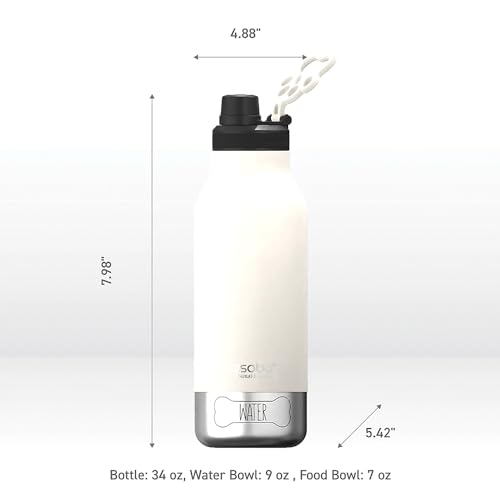 asobu Buddy Bottle a Stainless Steel Insulated Water Bottle for with Removable Dog Water Bowl and Dog Food and Treat Storage Bowl (White, 34 oz Water Bottle | 2 Bowls) - color: White