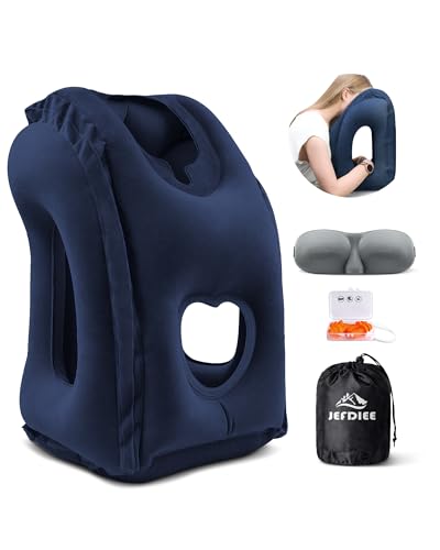 Inflatable Travel Pillow, Airplane Neck Pillow Comfortably Supports Head and Chin for Airplanes, Trains, Cars and Office Napping with 3D Eye Mask, Earplugs and Portable Drawstring Bag (Blue) - color: Blue(standard)