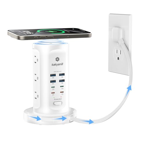 Kakyanill 115W USB Charging Station, Power Strip Tower, 9 AC Outlets with 8 USB Ports(4 USB-C), 6Ft Flat Plug Retractable Extension Cord, for Home Office Dorm, White - color: White&Orange