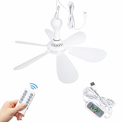 Xindejia USB Powered Small Ceiling Fan 6 Blades Quiet DC 5V USB Hanging Fans for Indoor Outdoor RV Bed Room Dorm Desk Travel Camping Tent Cubicle Mini Portable Canopy Fans - White