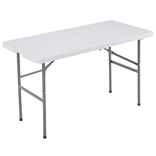 4 Feet Folding Picnic Table, Plastic Table with Carrying Handle, Heavy Duty Portable Table for Camping Party, White