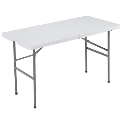 4 Feet Folding Picnic Table, Plastic Table with Carrying Handle, Heavy Duty Portable Table for Camping Party, White