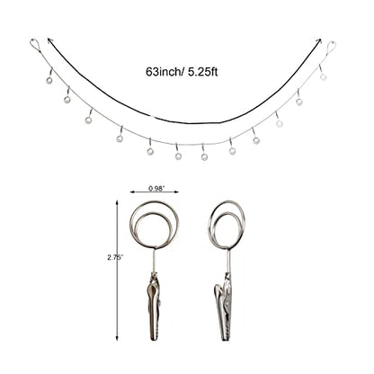 Multi-Purpose Steel Wall Hanging Photo Display Cable Wire Rod with 12 Adjustable Clips for Hanging Photos Notes Postcard and Artworks (Round) - size: Round