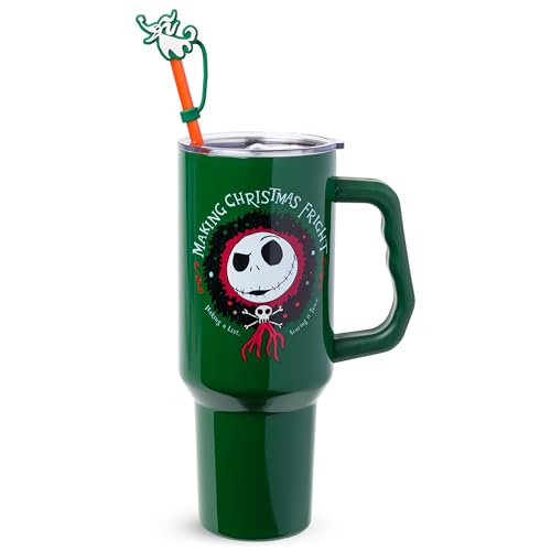 Silver Buffalo Disney Nightmare Before Christmas Making Xmas Fright Jack Skellington & Zero Double Walled Stainless Steel Tumbler w Handle, Straw, and Straw Cap, Fits in Standard Cup Holder, 40 Ounces - color: Nightmare Before Christmas Making Xmas Fright