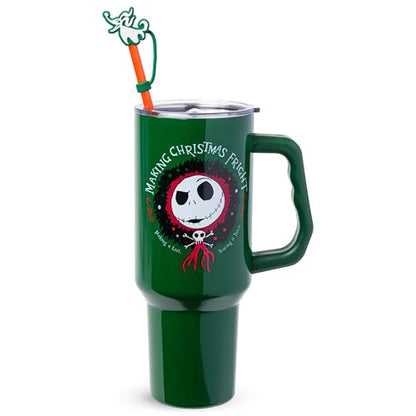 Silver Buffalo Disney Nightmare Before Christmas Making Xmas Fright Jack Skellington & Zero Double Walled Stainless Steel Tumbler w Handle, Straw, and Straw Cap, Fits in Standard Cup Holder, 40 Ounces - color: Nightmare Before Christmas Making Xmas Fright