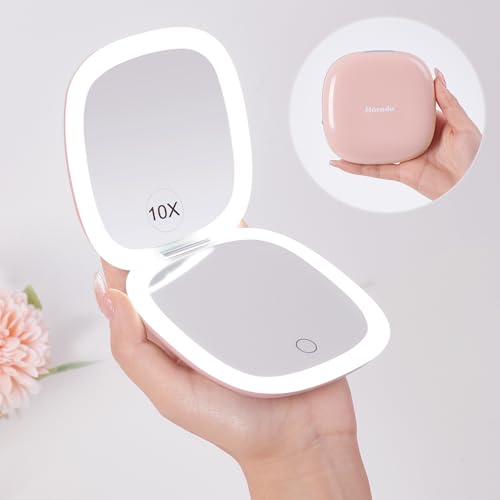 Mocado Compact LED Travel Makeup Mirror - 4 Inches 1X/10X Magnification Travel Mirror with Light Dimmable Double Sides Lighted USB Rechargeable Compact Mirror for Purse,Pocket,Travel(Pink) - color: Pink