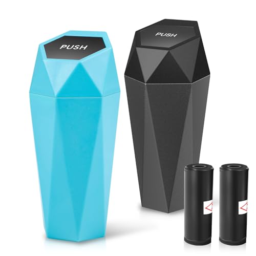 Auto Dynasty Car Trash Can with Lid, Blue Black Car Garbage Can Cup Holder for Interior, 2 Pack Mini Leakproof Garbage Can with 30Pcs Trash Bags, Multipurpose Storage Organizer for Vehicle Home Office - color: Blue+Black, size: 2 pcs