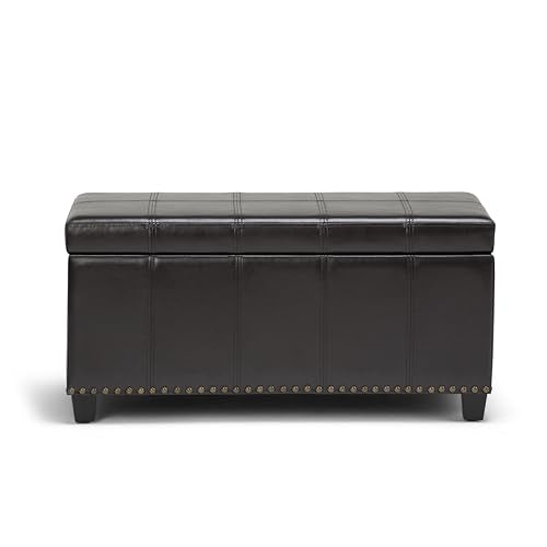 SIMPLIHOME Amelia Storage Ottoman - 33 inch Wide Vegan Leather Rectangle Storage Ottoman Bench in Tanners Brown, Transitional Ottoman for Living Room with Nailhead Trim and Lift-Up Lid - color: Tanners Brown