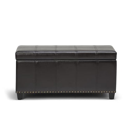 SIMPLIHOME Amelia Storage Ottoman - 33 inch Wide Vegan Leather Rectangle Storage Ottoman Bench in Tanners Brown, Transitional Ottoman for Living Room with Nailhead Trim and Lift-Up Lid - color: Tanners Brown