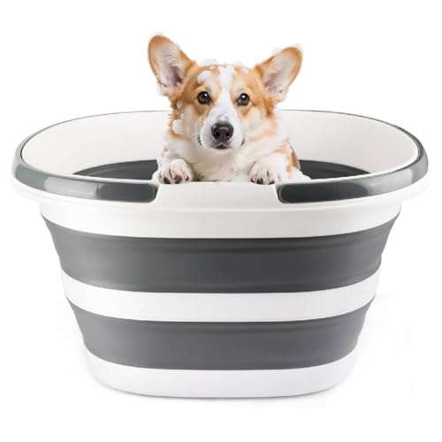 28L Large Collapsible Mop Bucket with Handle for Cleaning, Silicone Portable Pet Bathtub for Puppy Small Dogs Cats, Foldable Laundry Basket Hamper Clothes Storage Bin Space Saving Design for RV Home - color: Gray, size: 28L