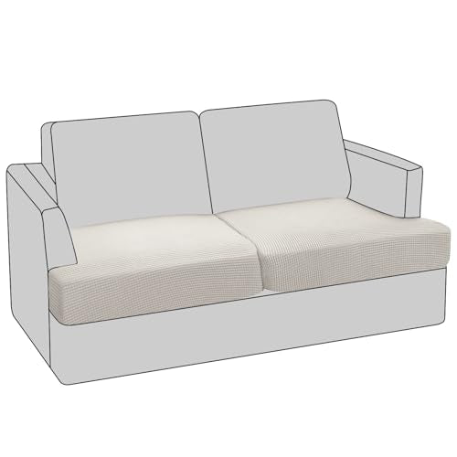 PrinceDeco 2 Piece Loveseat Sofa Slipcovers for T Cushion Couch Cover T Shaped 2 Cushion Couch Sofa Seat Cover with Elastic Bottom Pets Friendly Jacquard Small Checked,Ivory - color: Ivory, size: 2 Cushion Sofa