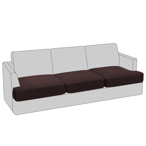 PrinceDeco Stretch T Cushion Sofa Slipcovers 3 Piece Sofa Couch Cover for 3 Cushion Sofa Seat Cover with Elastic Bottom Pets Friendly Jacquard Small Checked,Brown - color: Brown, size: 3 Cushion Sofa