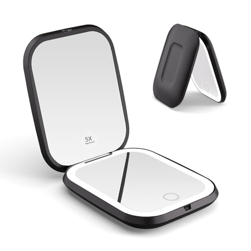 WOBSION 5X Magnification Compact Travel Makeup Mirror with Light | Rechargeable & Dimmable, Portable for Purse or Pocket, Ideal for Gift, Black - color: Black