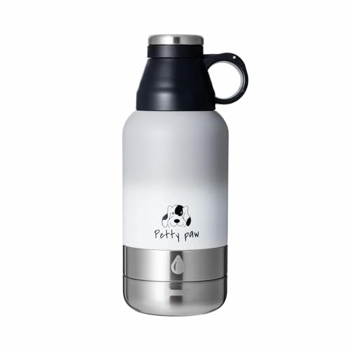 Petty Paw Dog Travel Water Bottle 32 oz Portable Stainless Steel Pet Water Bottle with Detachable Bowl for Dogs Leak Proof for Walking, Hiking, Camping