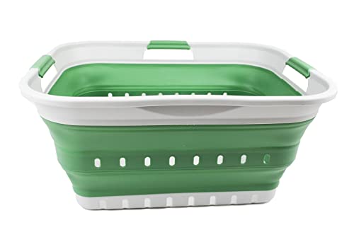 SAMMART 42L (11 gallon) Collapsible Plastic Laundry Basket - Foldable Pop Up Storage Container/Organizer - Portable Washing Tub - Space Saving Hamper/Basket (Grey/Dark Sea Green) - color: Grey/Dark Sea Green
