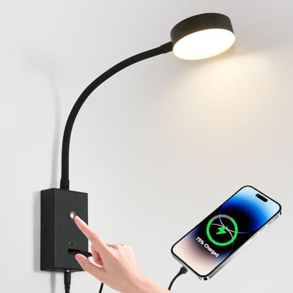 LED Wall Mounted Reading Light for Bed-1pk | Flexible Gooseneck Touch Dimmable Bedside Lamp with USB-A/C Port - size: 1Pack