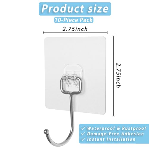 Adhesive Wall Hooks 10-Pack 60lb Heavy Duty - Waterproof Rustproof Sticky Hooks, No Damage Wall Hooks for Kitchen Bathroom Rental Home