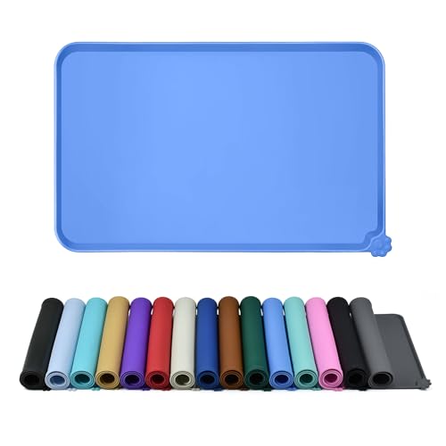 Reopet Silicone Pet Feeding Mat - Waterproof & Non-Slip Dog Cat Placemat | High Raised Edges Prevent Food & Water Spills to Protect Floors, Easy to Clean, Fit for Dog Cat Bowls - color: Blue, size: 18.5" x 11.5"
