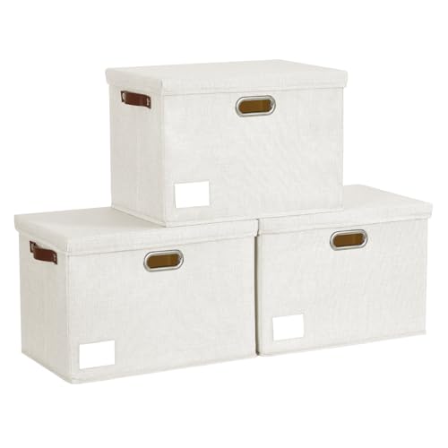 Roobyl 15" Large Collapsible Storage Bins with Lids, Stackable Closet Organizers with PU Handle and Labels, 3-Pack Decorative Fabric Storage Boxes for Home, Bedroom, Closet, Office, Nursery(White) - color: White, size: Medium-15"